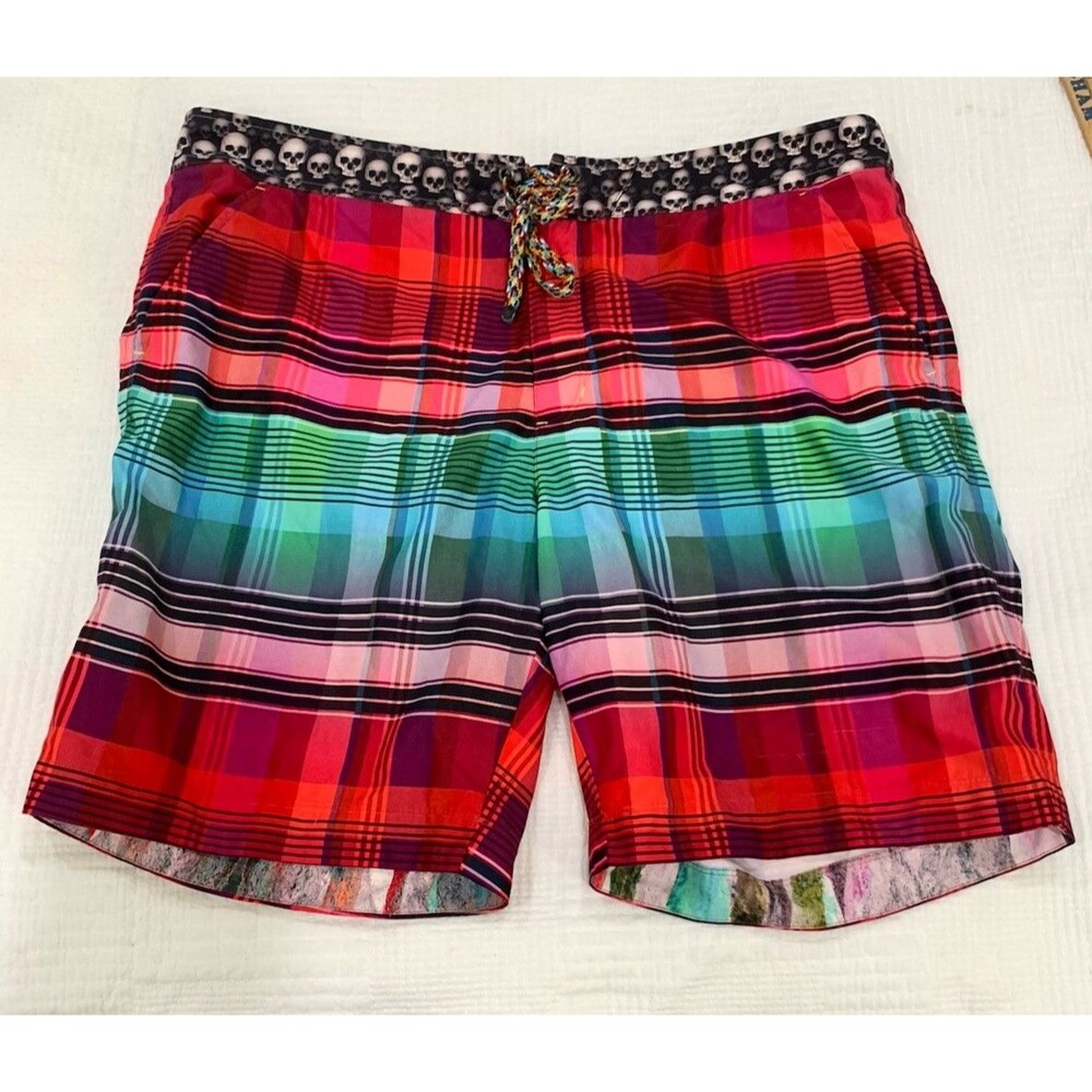 Robert Graham Swim Trunks Men 42 Skulls Plaid Board Shorts Drawstring Lined